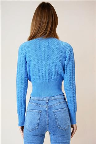 Kadın Mavi Desenli Bisiklet Yaka Uzun Kollu Triko Kazak VS01043