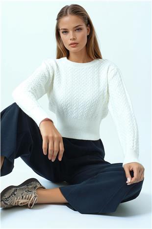 Kadın Ekru Desenli Bisiklet Yaka Uzun Kollu Triko Kazak VS01043