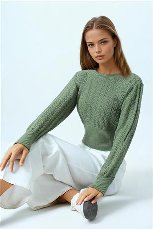 Kadın Yeşil Desenli Bisiklet Yaka Uzun Kollu Triko Kazak VS01043