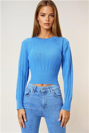 Kadın Mavi Desenli Bisiklet Yaka Uzun Kollu Triko Kazak VS01043