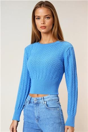 Kadın Mavi Desenli Bisiklet Yaka Uzun Kollu Triko Kazak VS01043