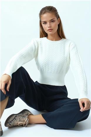 Kadın Ekru Desenli Bisiklet Yaka Uzun Kollu Triko Kazak VS01043