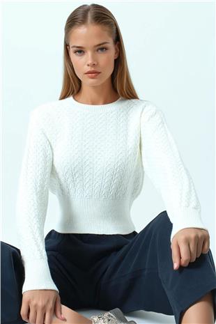 Kadın Ekru Desenli Bisiklet Yaka Uzun Kollu Triko Kazak VS01043