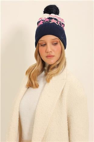 Kadın Lacivert Desenli Ponpon Bere ALC-X11357