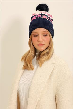 Kadın Lacivert Desenli Ponpon Bere ALC-X11357