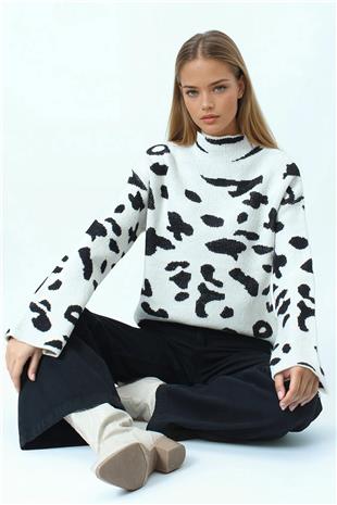 Kadın Ekru Desenli Yarım Balıkçı Yaka Triko Kazak VS01038