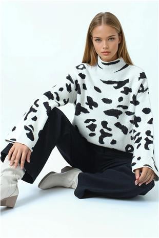 Kadın Ekru Desenli Yarım Balıkçı Yaka Triko Kazak VS01038