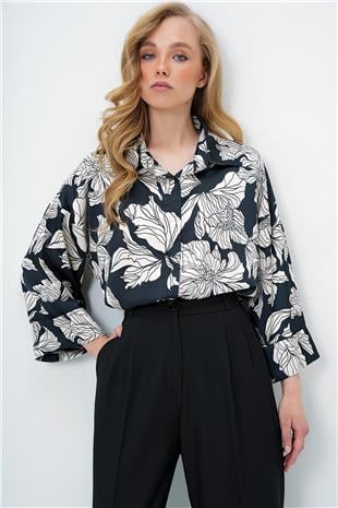 Kadın Ekru-Siyah Dijital Baskılı Oversize Double Kol Premium Dokuma Gömlek ALC-X13953