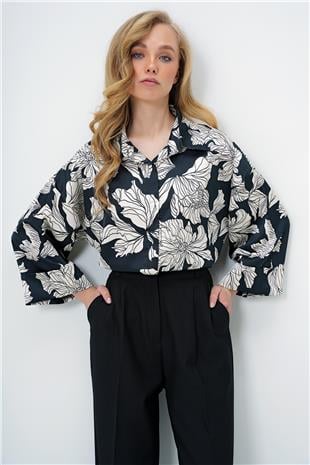 Kadın Ekru-Siyah Dijital Baskılı Oversize Double Kol Premium Dokuma Gömlek ALC-X13953