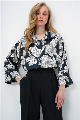 Kadın Ekru-Siyah Dijital Baskılı Oversize Double Kol Premium Dokuma Gömlek ALC-X13953