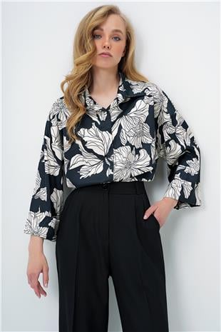 Kadın Ekru-Siyah Dijital Baskılı Oversize Double Kol Premium Dokuma Gömlek ALC-X13953