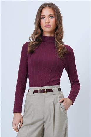 Kadın Bordo Dik Yaka Ajurlu Likralı Triko Kumaş Bluz VS01317