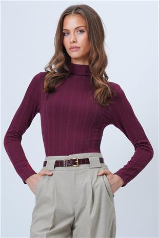 Kadın Bordo Dik Yaka Ajurlu Likralı Triko Kumaş Bluz VS01317