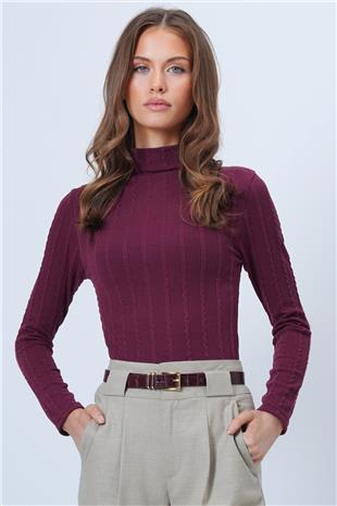 Kadın Bordo Dik Yaka Ajurlu Likralı Triko Kumaş Bluz VS01317