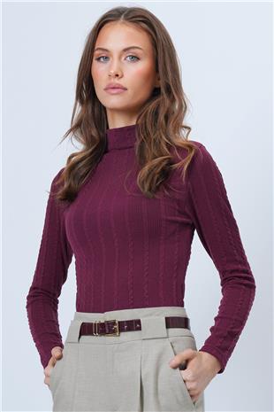 Kadın Bordo Dik Yaka Ajurlu Likralı Triko Kumaş Bluz VS01317