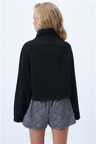 Kadın Siyah Dik Yaka Çift Cepli Reglan Kol Ceket ALC-X14409