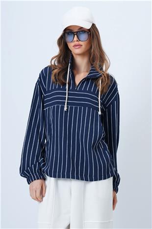 Kadın Lacivert Dik Yaka Çizgili Cepli Dokuma Sweatshirt VS01315