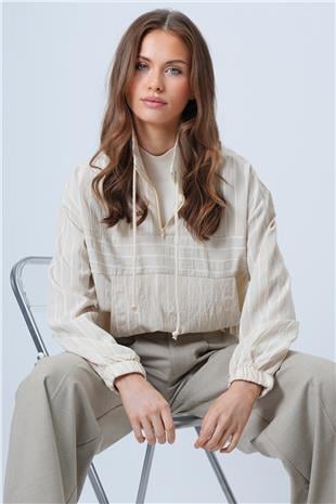 Kadın Bej Dik Yaka Çizgili Cepli Dokuma Sweatshirt VS01315