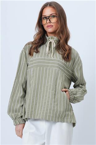 Kadın Haki Dik Yaka Çizgili Cepli Dokuma Sweatshirt VS01315