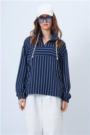 Kadın Lacivert Dik Yaka Çizgili Cepli Dokuma Sweatshirt VS01315