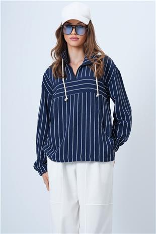Kadın Lacivert Dik Yaka Çizgili Cepli Dokuma Sweatshirt VS01315