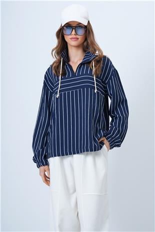 Kadın Lacivert Dik Yaka Çizgili Cepli Dokuma Sweatshirt VS01315