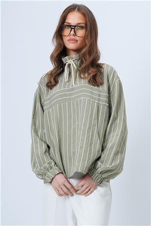 Kadın Haki Dik Yaka Çizgili Cepli Dokuma Sweatshirt VS01315