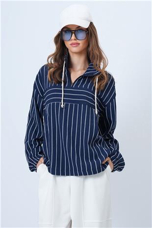 Kadın Lacivert Dik Yaka Çizgili Cepli Dokuma Sweatshirt VS01315