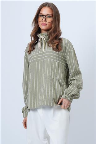Kadın Haki Dik Yaka Çizgili Cepli Dokuma Sweatshirt VS01315
