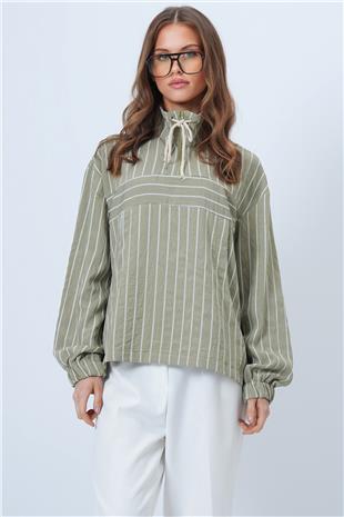Kadın Haki Dik Yaka Çizgili Cepli Dokuma Sweatshirt VS01315