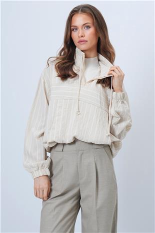 Kadın Bej Dik Yaka Çizgili Cepli Dokuma Sweatshirt VS01315
