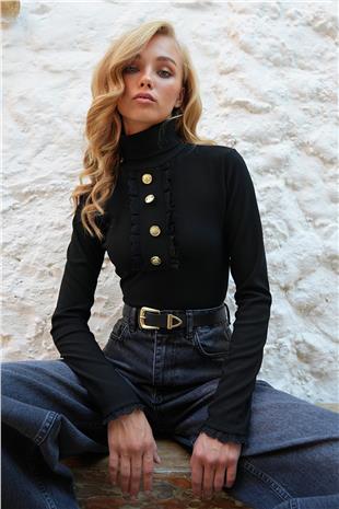 Kadın Siyah Dik Yaka Dantel Detaylı Fitilli Örme Ottoban Bluz ALC-X14504