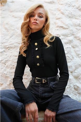 Kadın Siyah Dik Yaka Dantel Detaylı Fitilli Örme Ottoban Bluz ALC-X14504