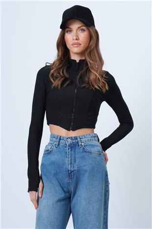 Kadın Siyah Dik Yaka Fermuarlı Ottoban Crop Sweat VS01321