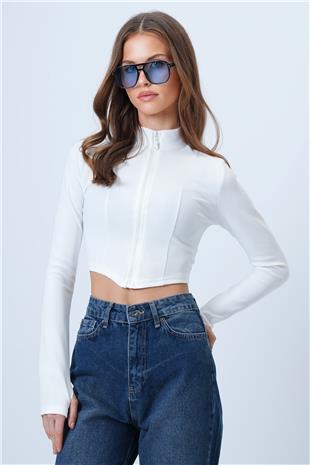 Kadın Beyaz Dik Yaka Fermuarlı Ottoban Crop Sweat VS01321