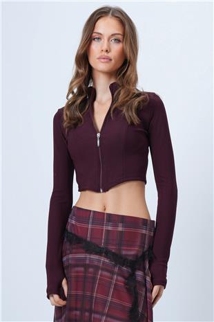 Kadın Mürdüm Dik Yaka Fermuarlı Ottoban Crop Sweat VS01321