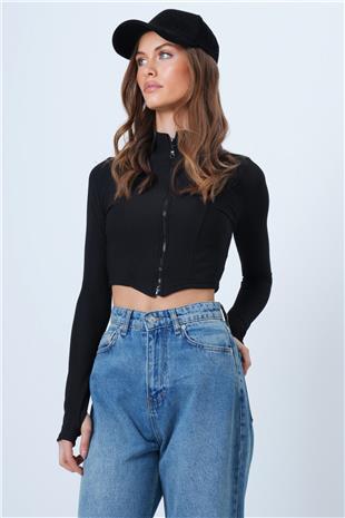 Kadın Siyah Dik Yaka Fermuarlı Ottoban Crop Sweat VS01321
