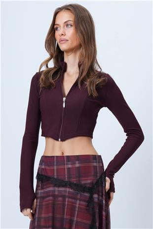 Kadın Mürdüm Dik Yaka Fermuarlı Ottoban Crop Sweat VS01321