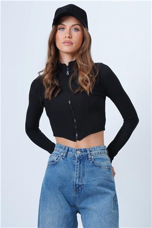 Kadın Siyah Dik Yaka Fermuarlı Ottoban Crop Sweat VS01321