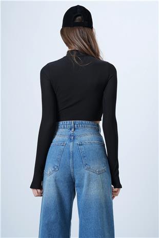 Kadın Siyah Dik Yaka Fermuarlı Ottoban Crop Sweat VS01321