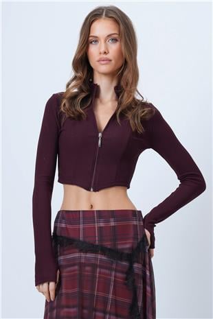 Kadın Mürdüm Dik Yaka Fermuarlı Ottoban Crop Sweat VS01321