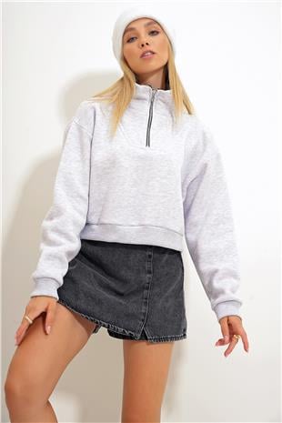 Kadın Gri Dik Yaka Fermuarlı Sweatshirt ALC-X12626
