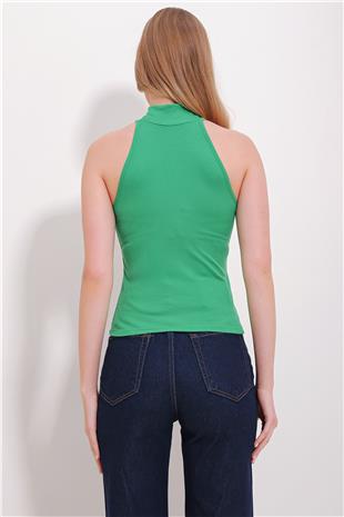 Kadın Yeşil Dik Yaka Halter Kollu Kaşkorse Bluz ALC-X11497