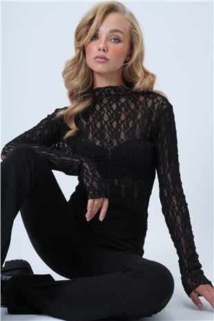 Kadın Siyah Dik Yaka Likralı Dantel Bluz ALC-X14522