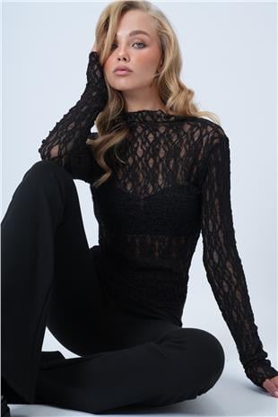 Kadın Siyah Dik Yaka Likralı Dantel Bluz ALC-X14522