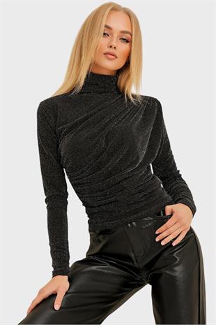 Kadın Siyah Dik Yaka Omzu Drapeli Gümüş Simli Bluz ALC-X11257