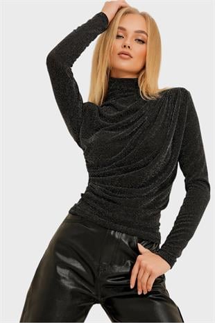 Kadın Siyah Dik Yaka Omzu Drapeli Gümüş Simli Bluz ALC-X11257