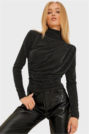 Kadın Siyah Dik Yaka Omzu Drapeli Gümüş Simli Bluz ALC-X11257