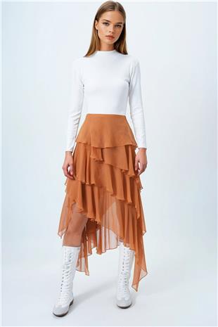 Kadın Ekru Dik Yaka Pamuklu Likralı Basic Bluz VS00848