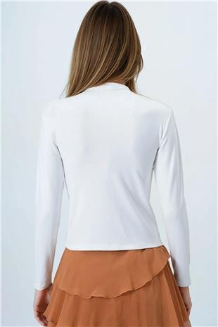 Kadın Ekru Dik Yaka Pamuklu Likralı Basic Bluz VS00848